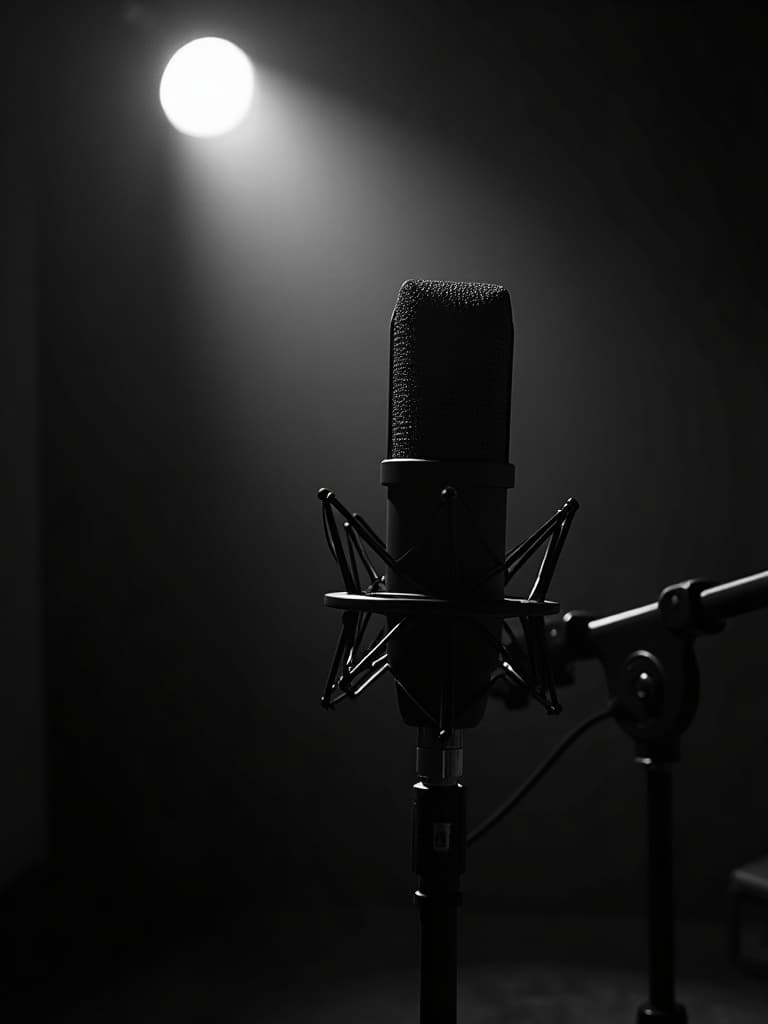 A condenser microphone in a darkened vocal booth