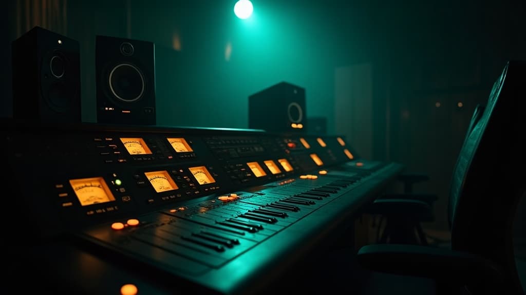 Dark mixing console lit in teal and amber