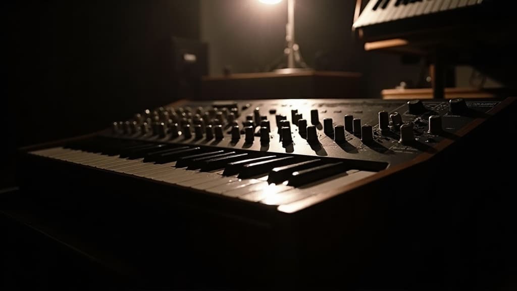 Close-up of an analog synthesizer under a key light